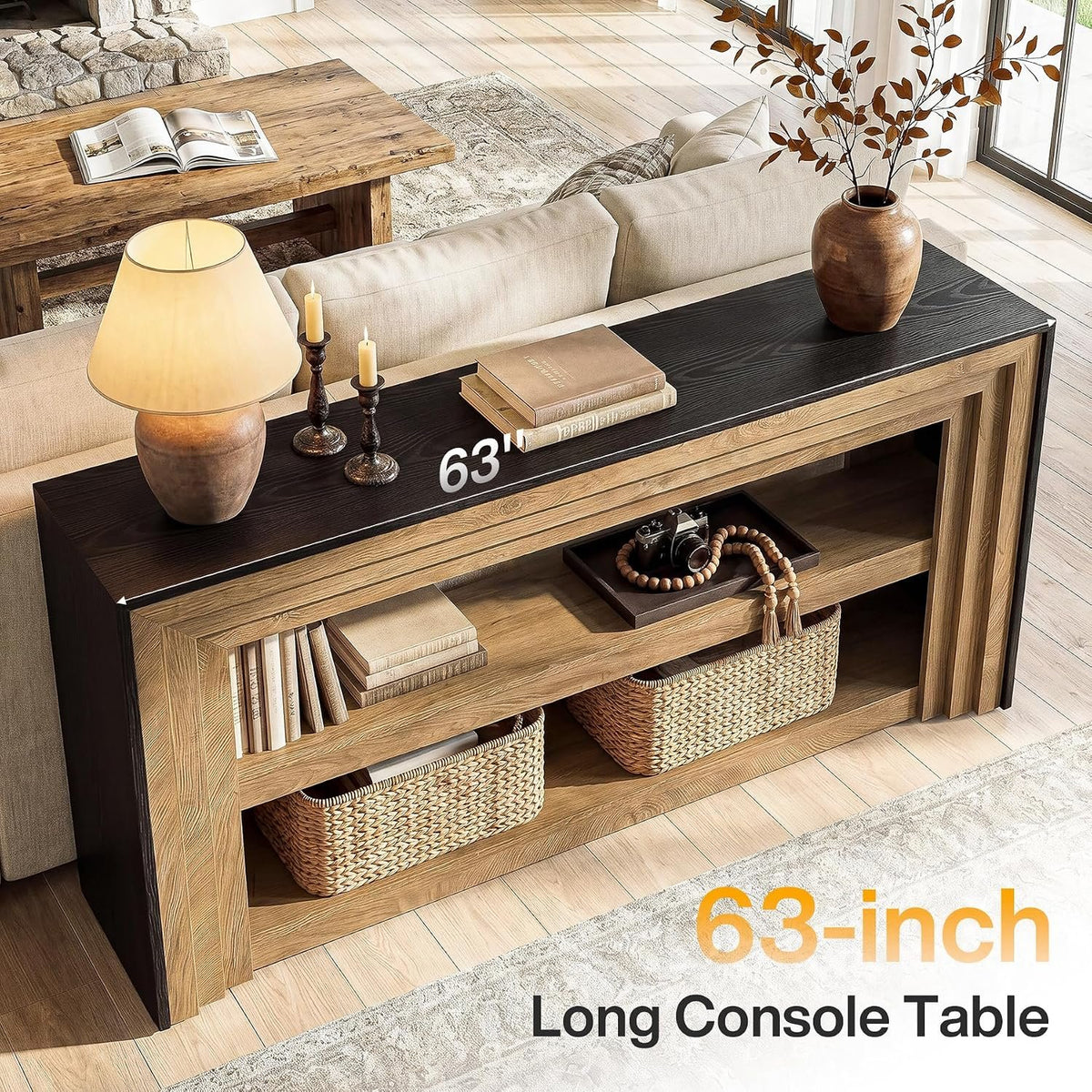 160cm Console Table, Narrow Rustic 3-Tier Open Shelf for Hallway