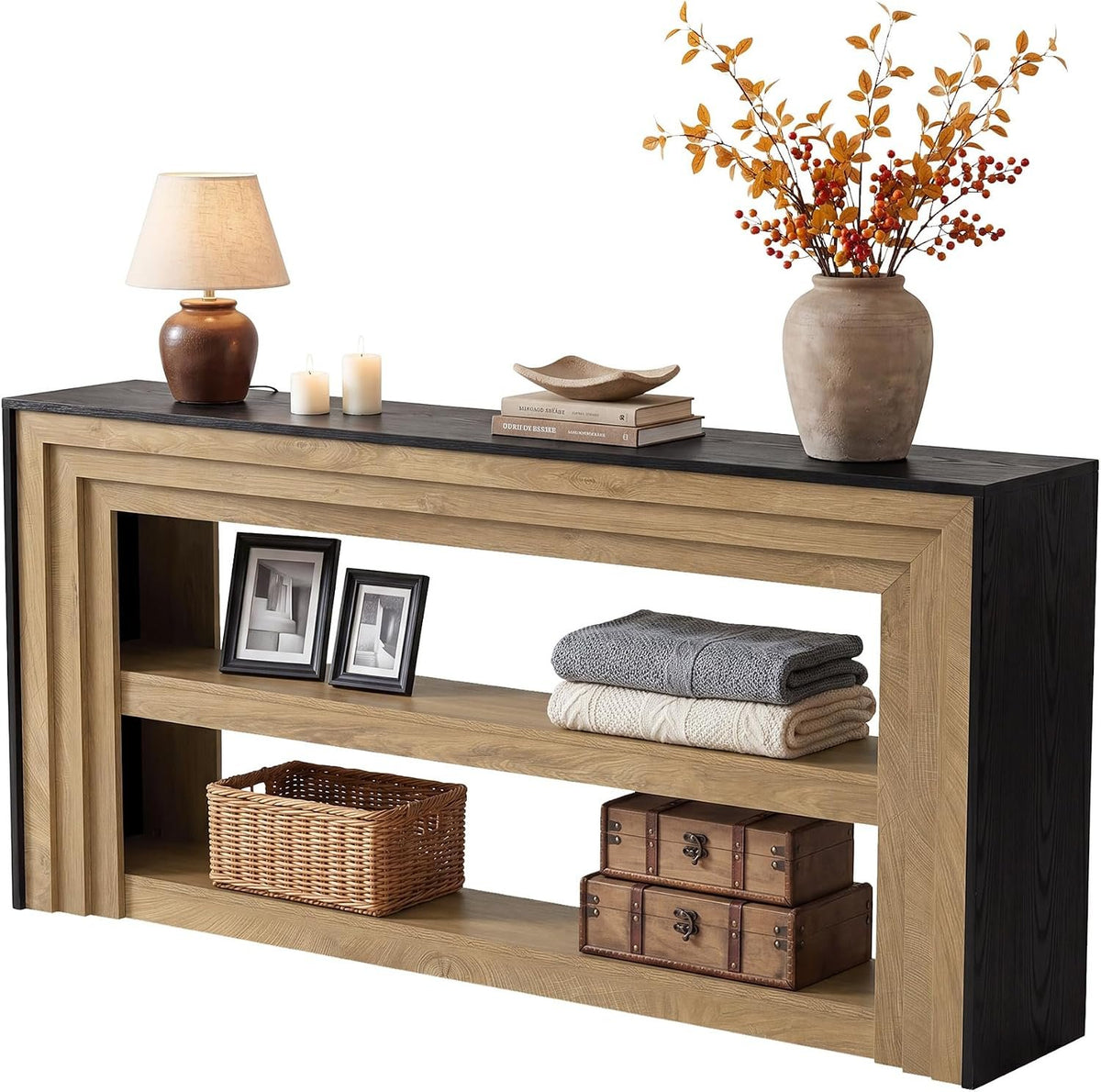 160cm Console Table, Narrow Rustic 3-Tier Open Shelf for Hallway