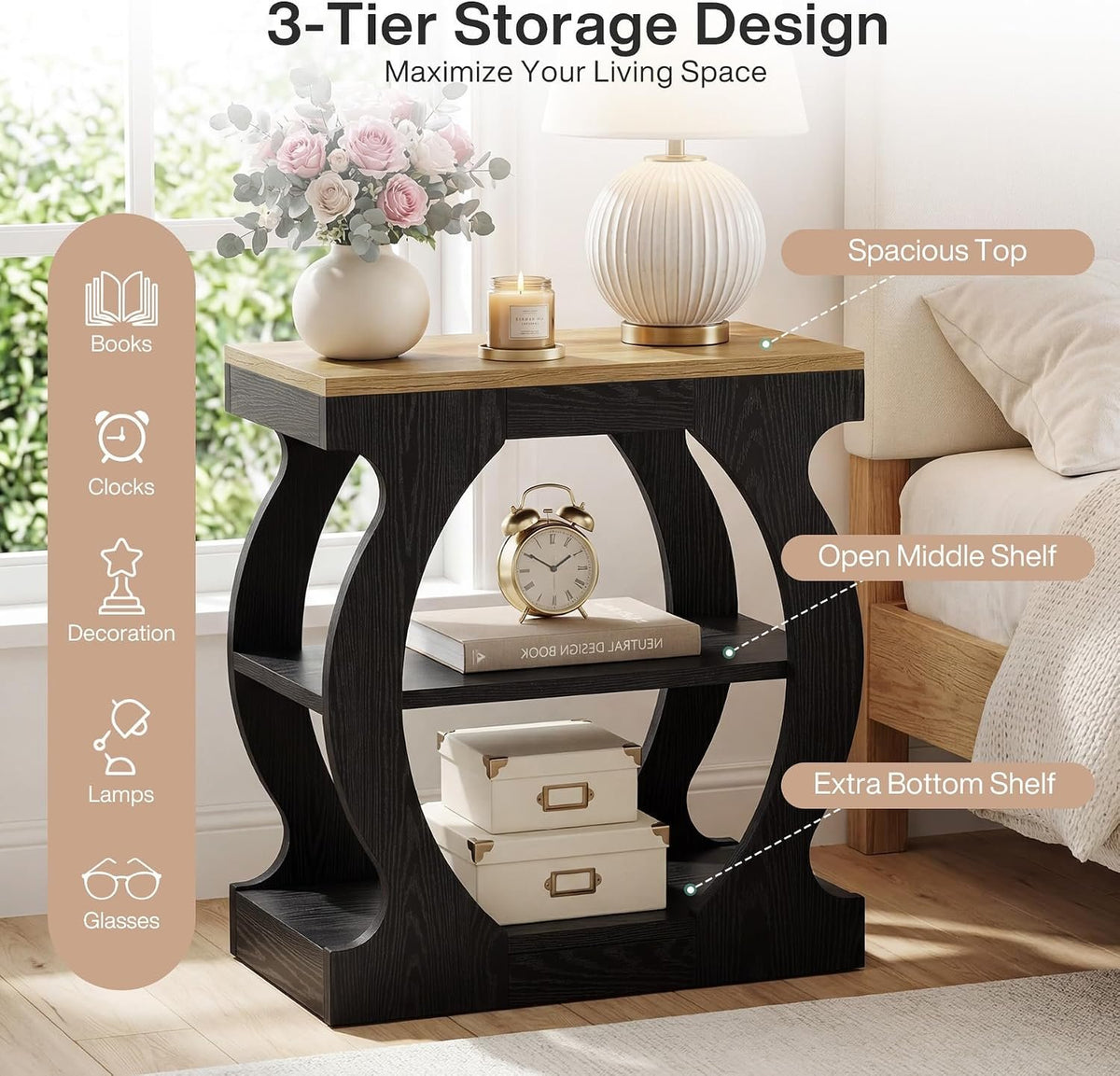 50cm Narrow Side Table, 3-Tier Wooden Nightstand with Curved Frame