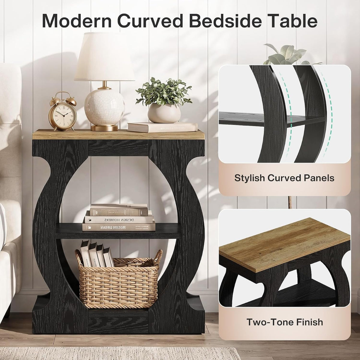 50cm Narrow Side Table, 3-Tier Wooden Nightstand with Curved Frame