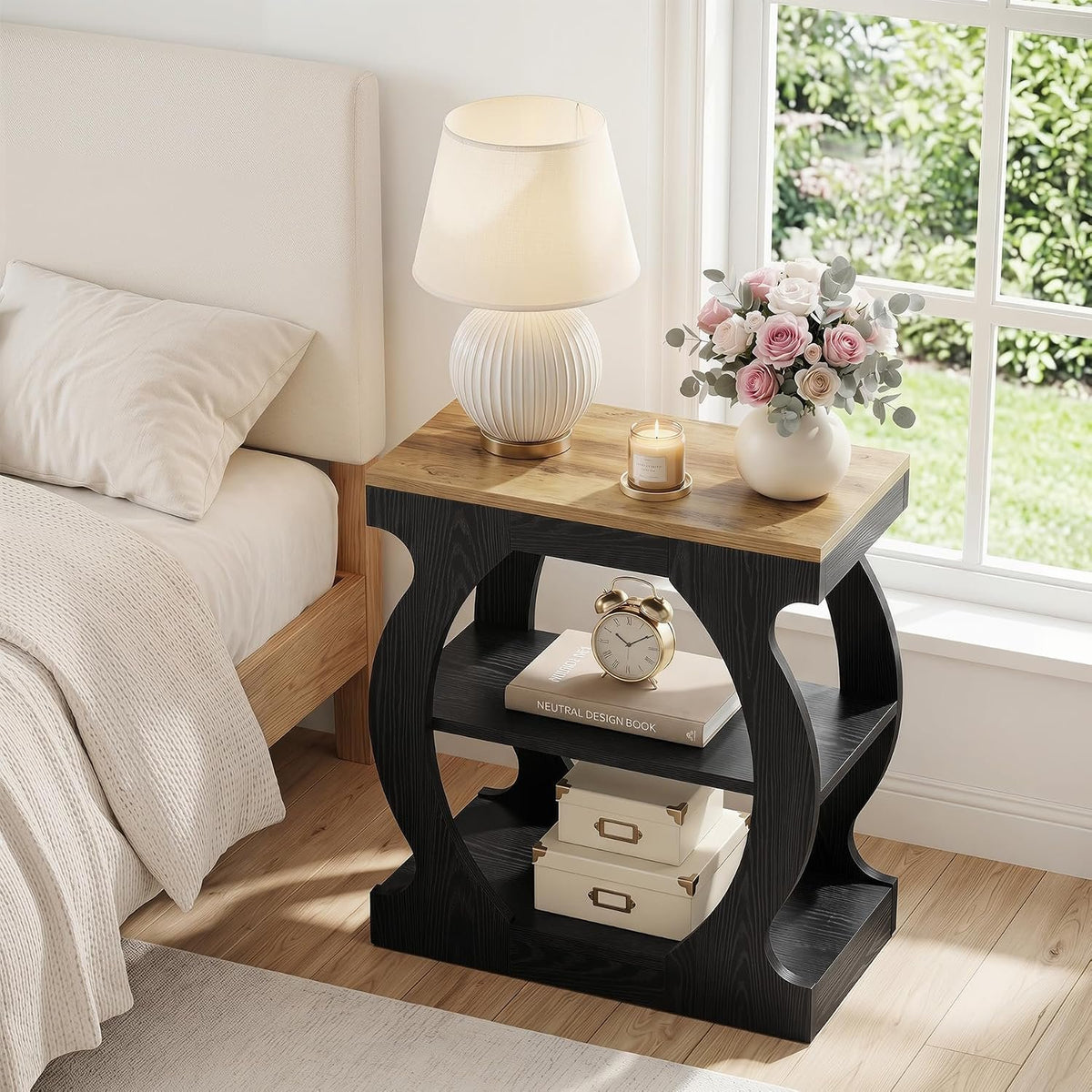 50cm Narrow Side Table, 3-Tier Wooden Nightstand with Curved Frame