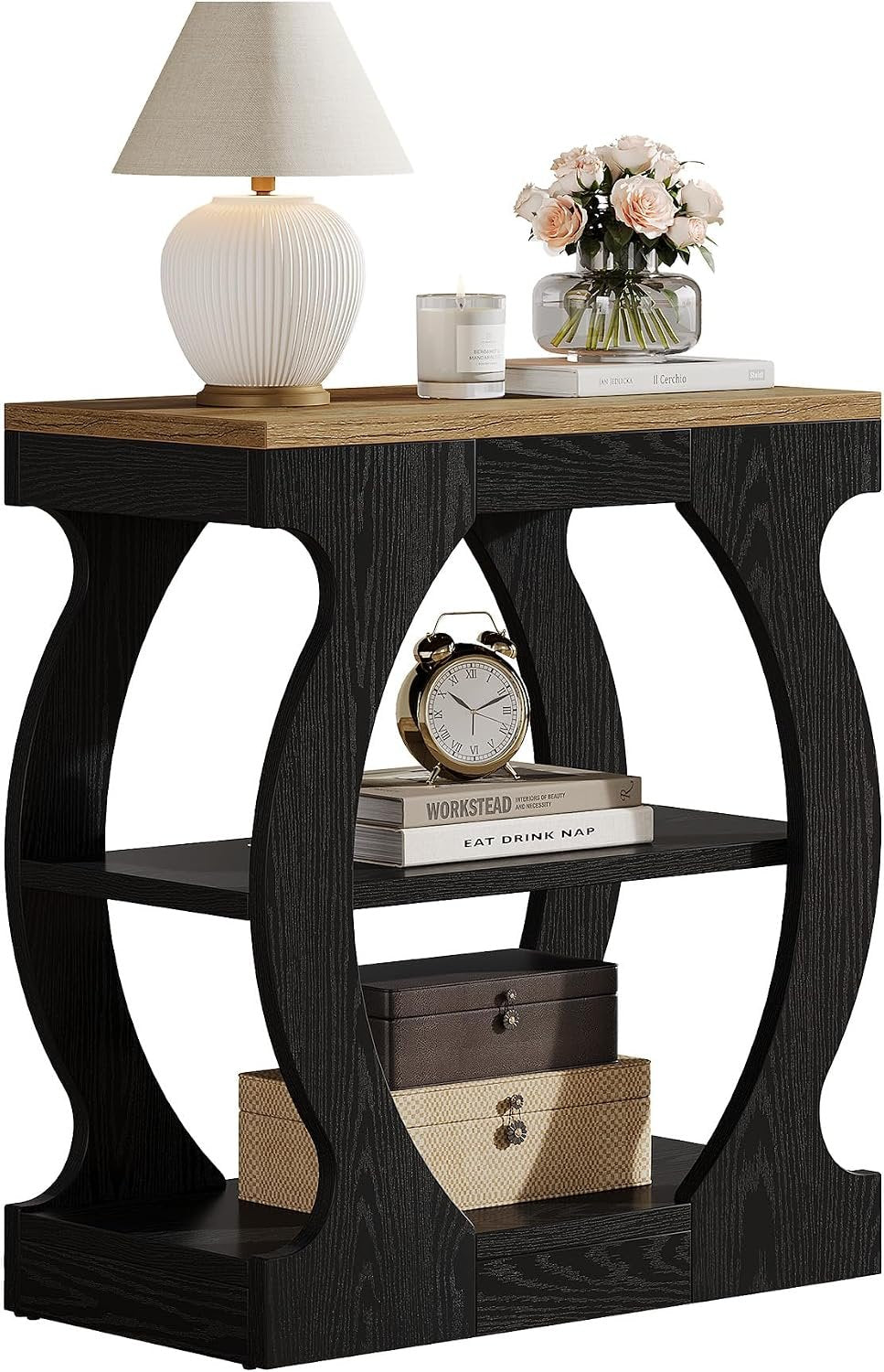 50cm Narrow Side Table, 3-Tier Wooden Nightstand with Curved Frame