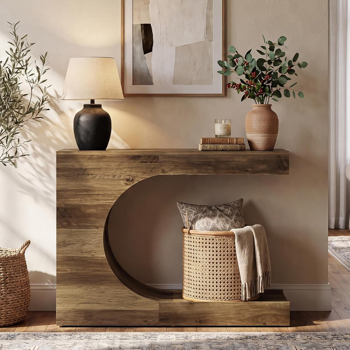100cm Console Table, C-Shaped 2-Tier Modern Rustic Hallway Table
