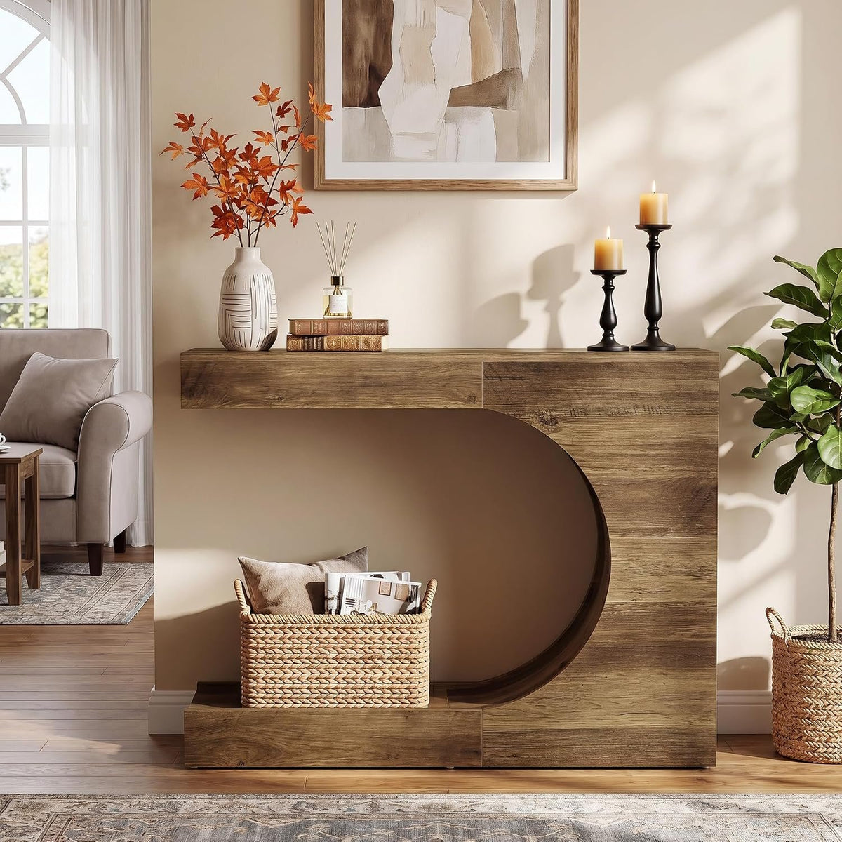 100cm Console Table, C-Shaped 2-Tier Modern Rustic Hallway Table