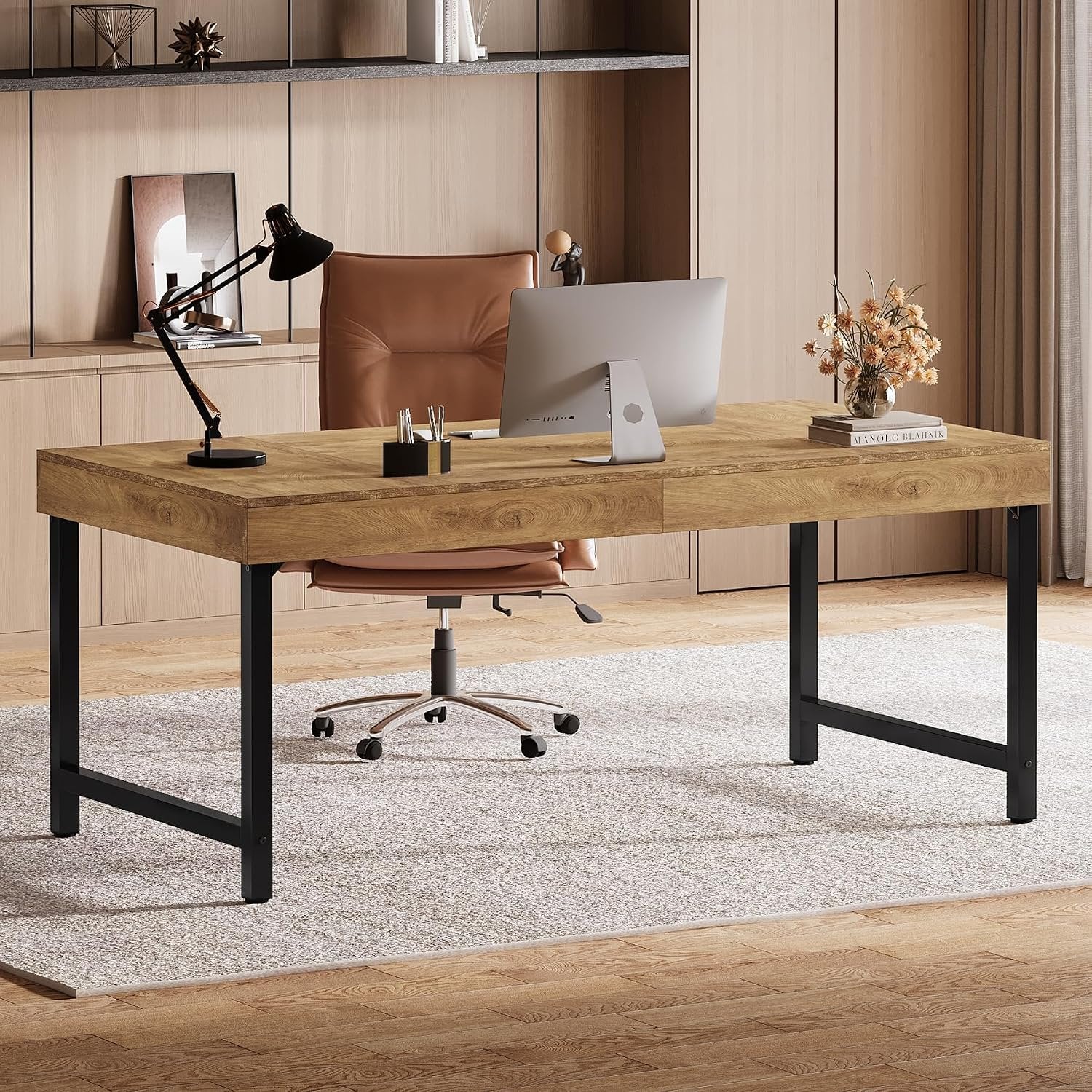 140cm Executive Desk, Simple Industrial Desk with Metal Frame