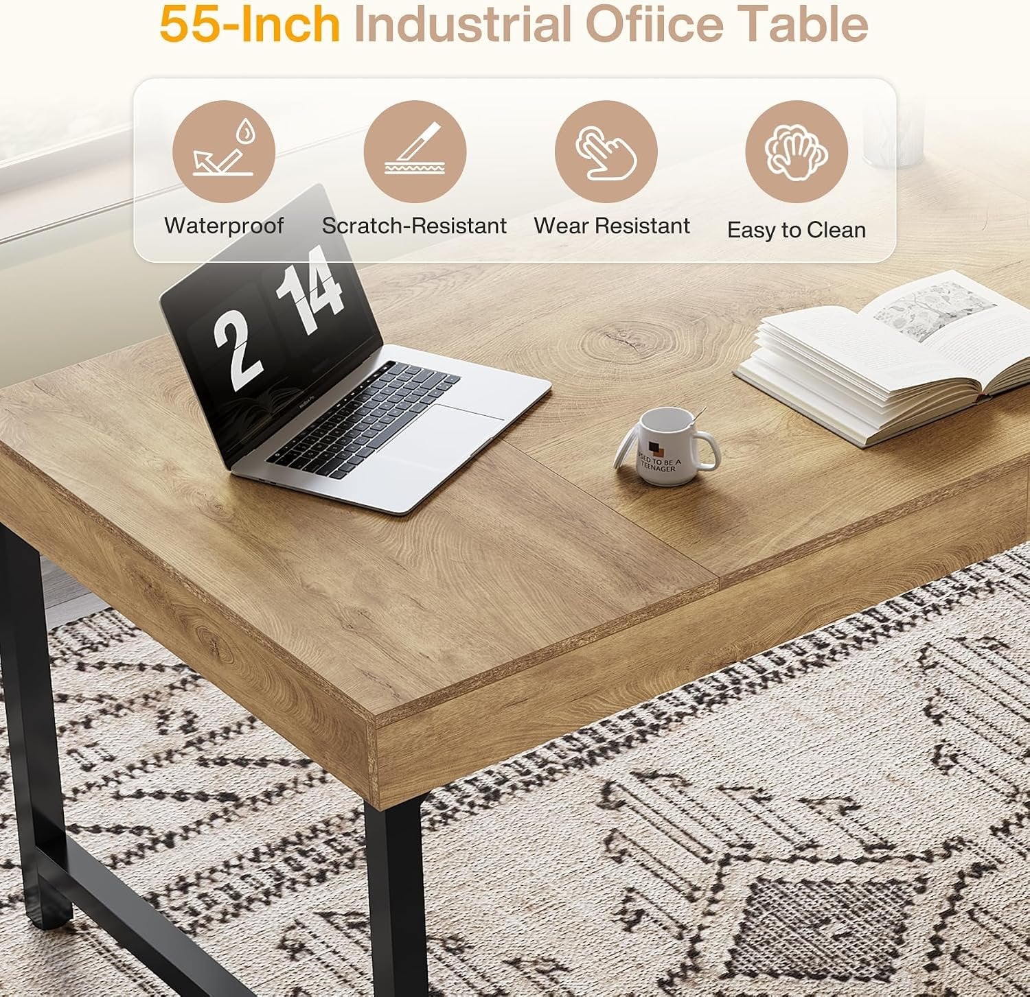 140cm Executive Desk, Simple Industrial Desk with Metal Frame