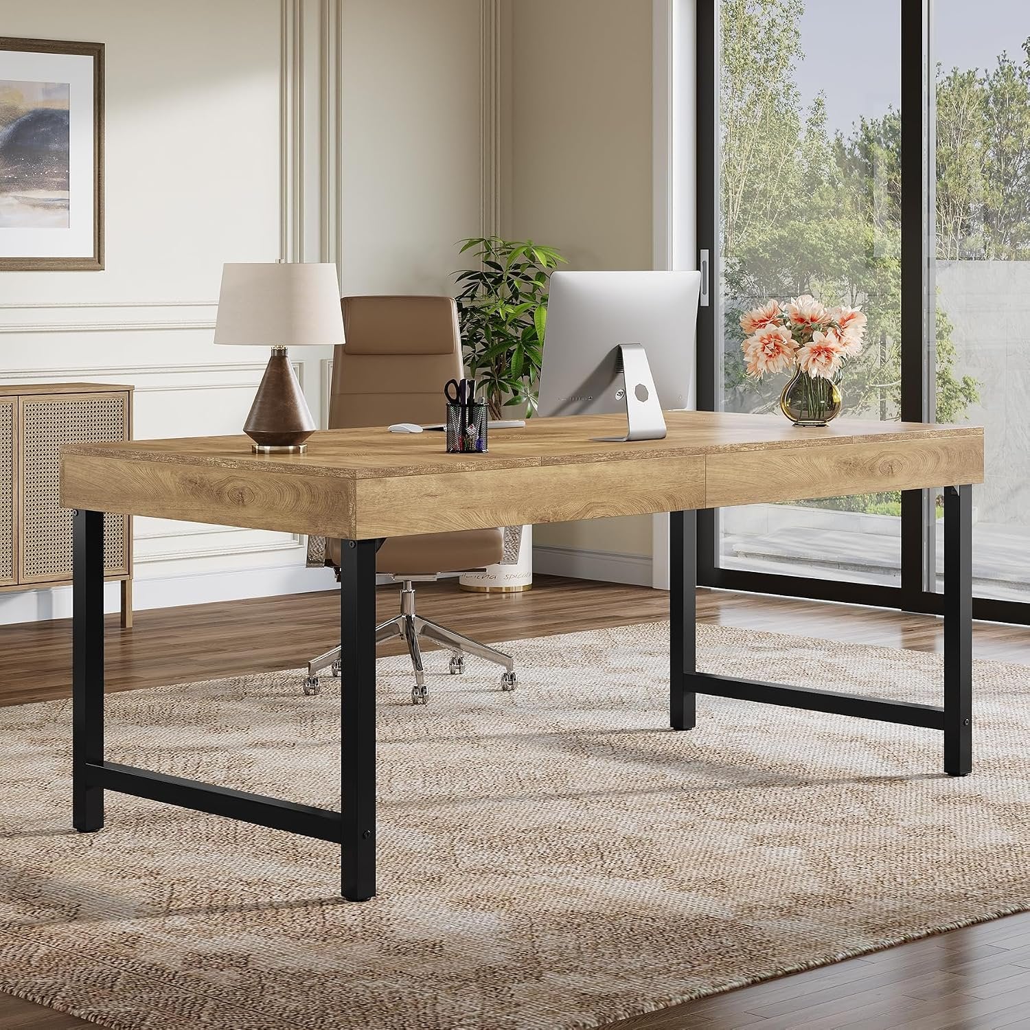 140cm Executive Desk, Simple Industrial Desk with Metal Frame