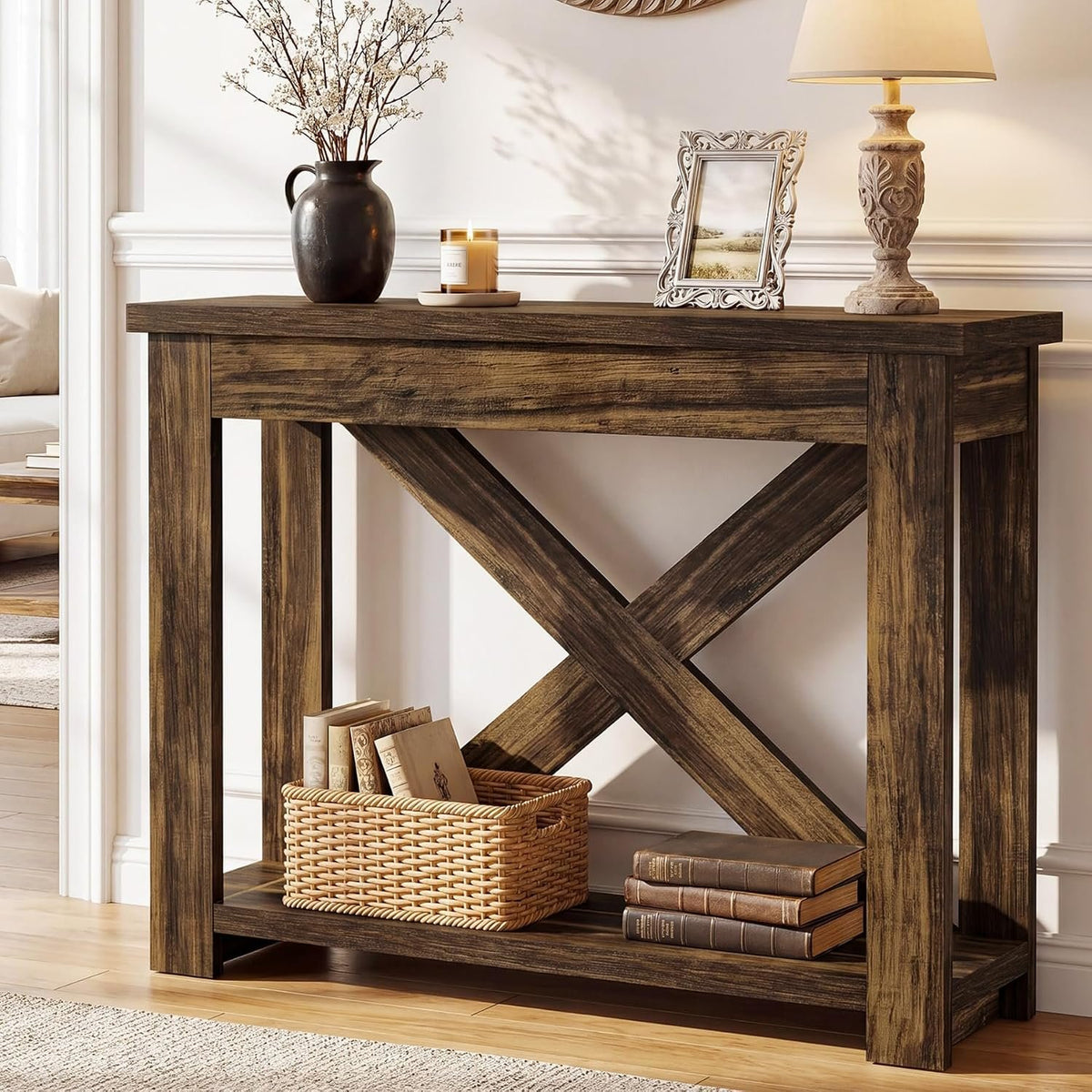 105cm Farmhouse Console Table, 2-Tier Narrow Sofa Table for Entryway Living Room