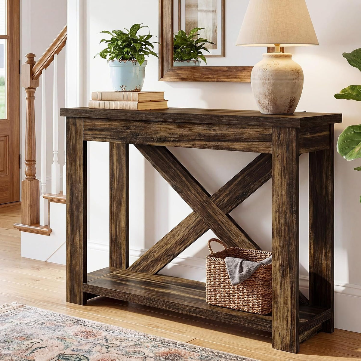 105cm Farmhouse Console Table, 2-Tier Narrow Sofa Table for Entryway Living Room