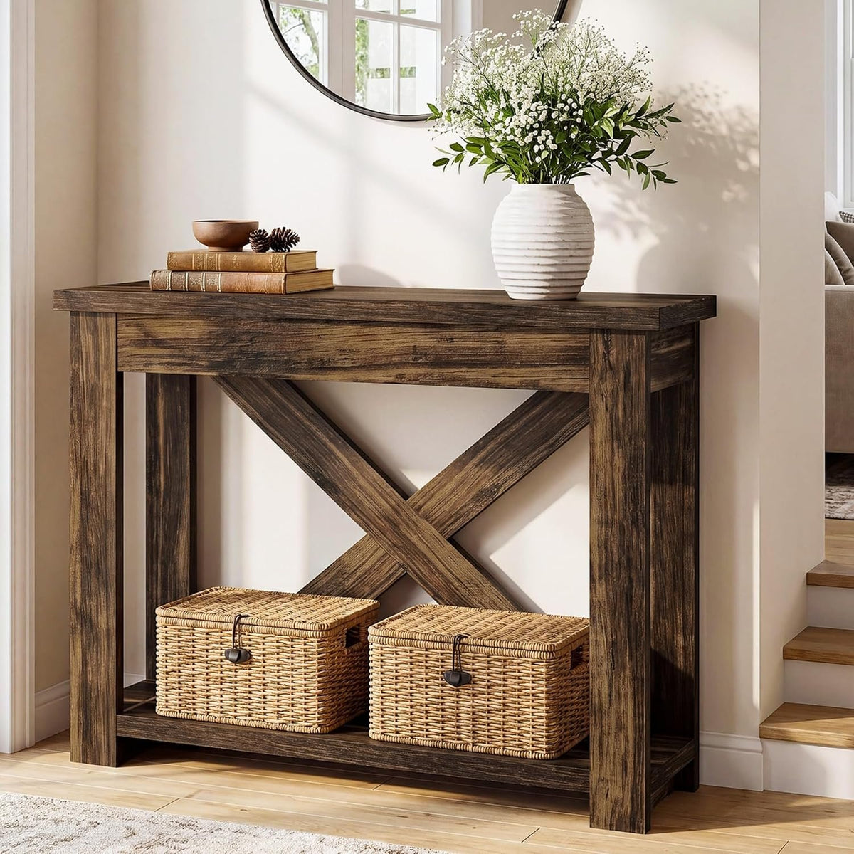 105cm Farmhouse Console Table, 2-Tier Narrow Sofa Table for Entryway Living Room