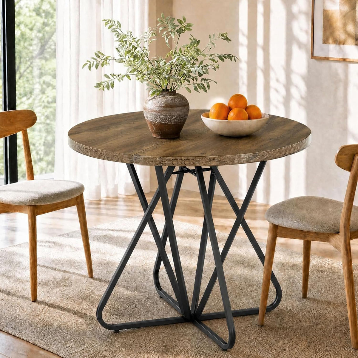 80cm Round Dining Table, 2-4 Seater Rustic Metal Frame Kitchen Table