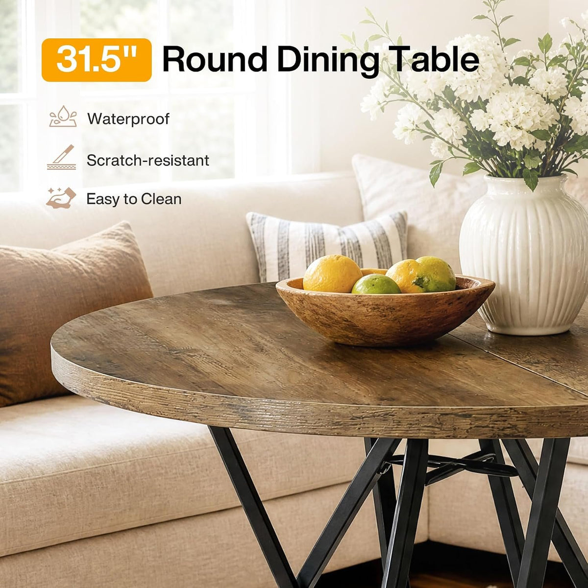 80cm Round Dining Table, 2-4 Seater Rustic Metal Frame Kitchen Table