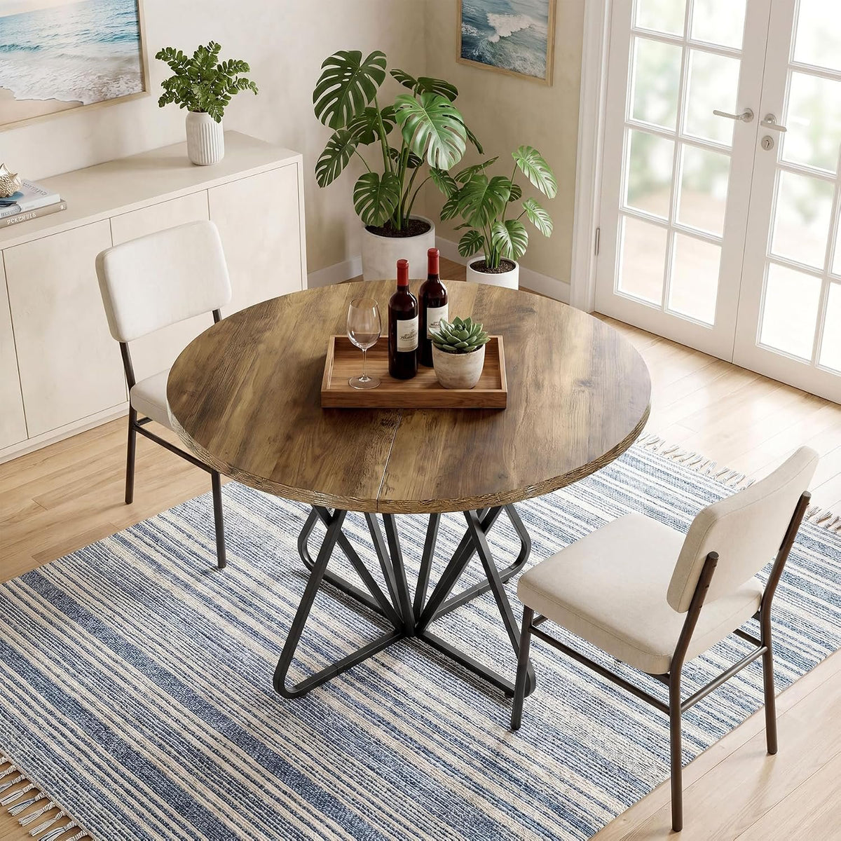 80cm Round Dining Table, 2-4 Seater Rustic Metal Frame Kitchen Table