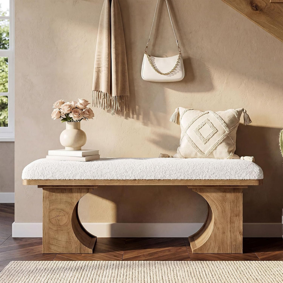 120cm Entryway Bench, Upholstered Shoe Bench with Cushion & Curved Wooden Legs for Hallway Living Room