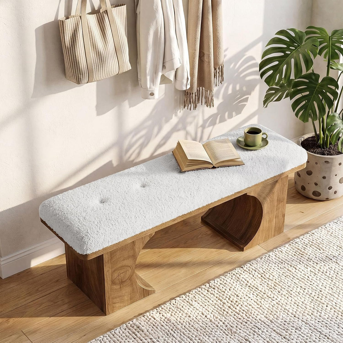 120cm Entryway Bench, Upholstered Shoe Bench with Cushion & Curved Wooden Legs for Hallway Living Room