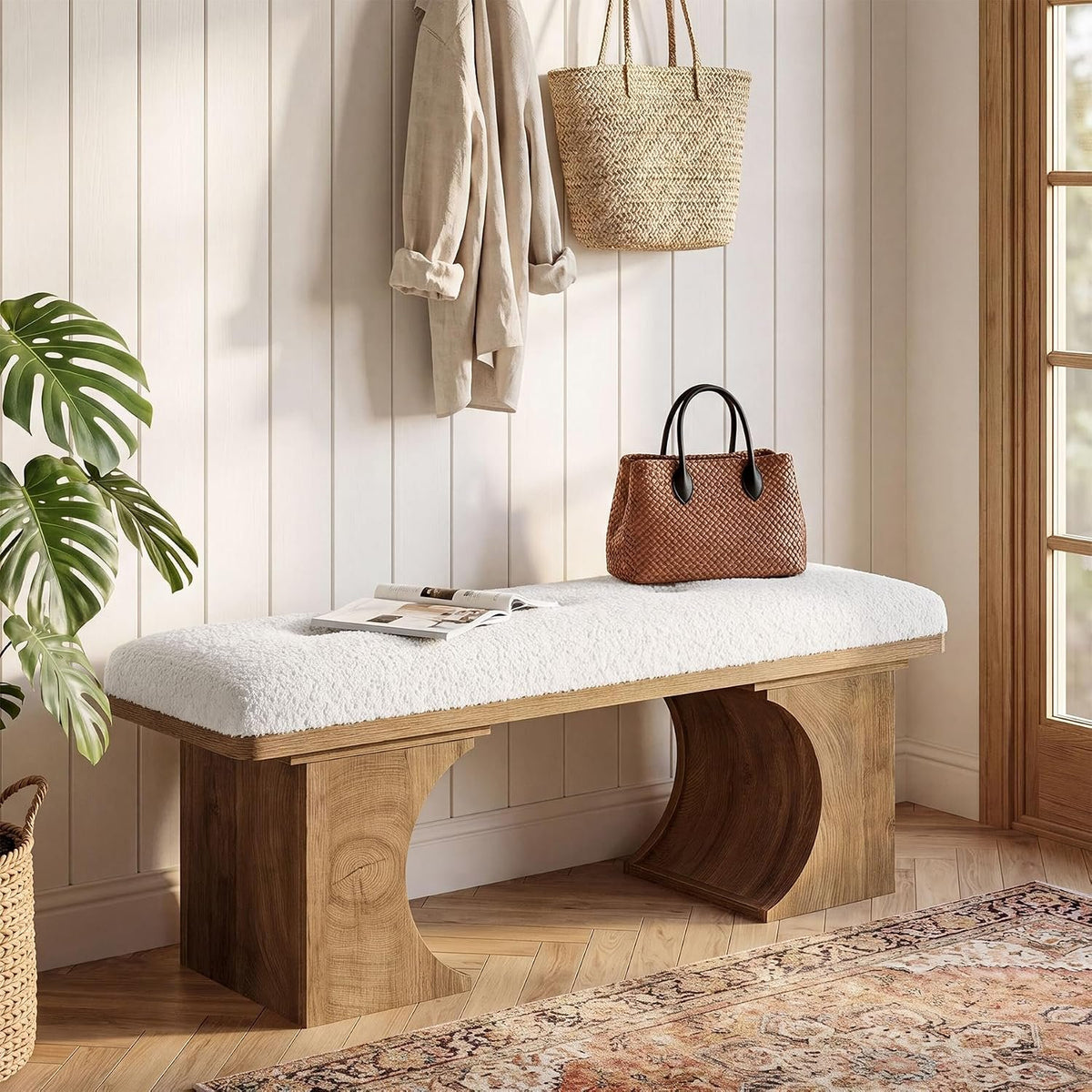 120cm Entryway Bench, Upholstered Shoe Bench with Cushion & Curved Wooden Legs for Hallway Living Room