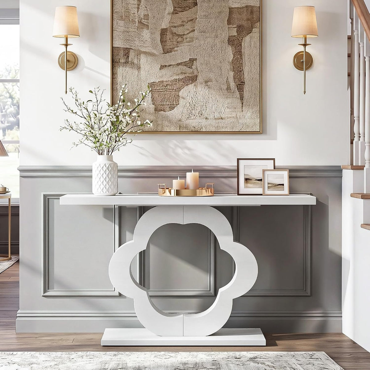 100cm Console Table, Narrow White High Gloss Flower Frame for Hallway Living Room