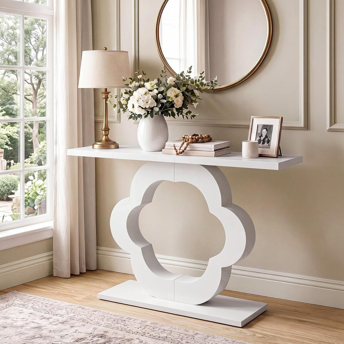 100cm Console Table, Narrow White High Gloss Flower Frame for Hallway Living Room
