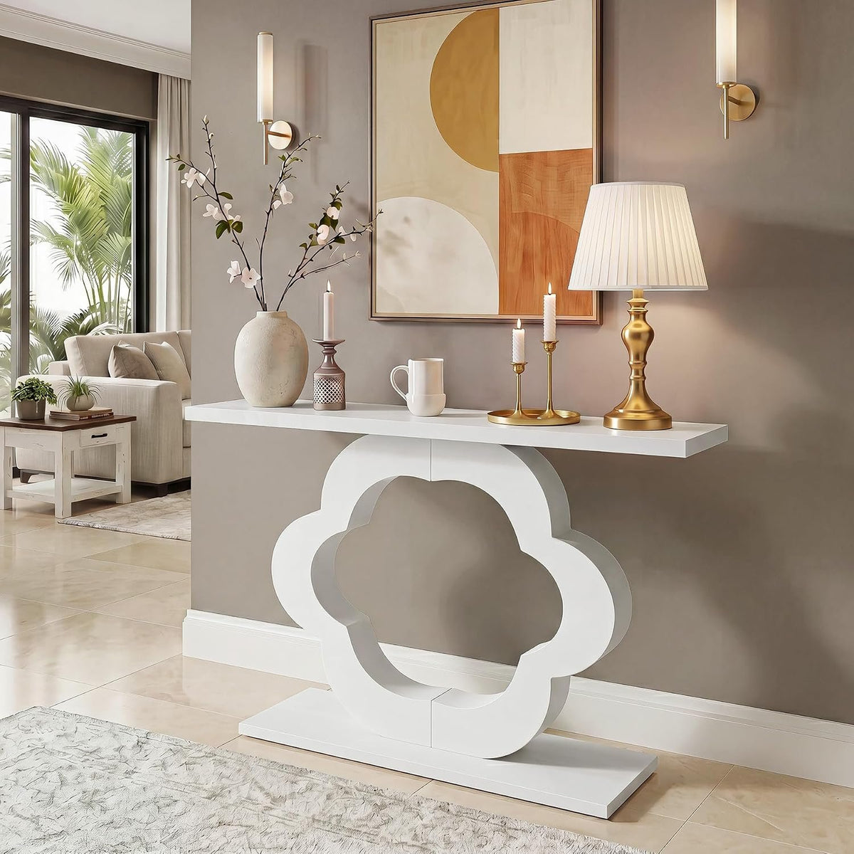 100cm Console Table, Narrow White High Gloss Flower Frame for Hallway Living Room