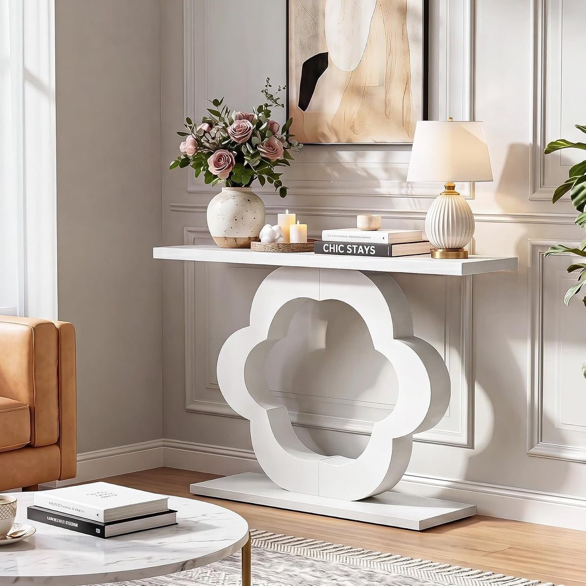 100cm Console Table, Narrow White High Gloss Flower Frame for Hallway Living Room