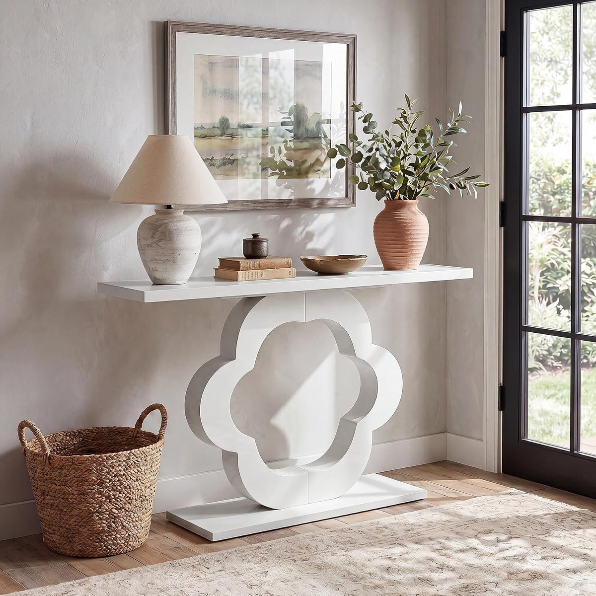 100cm Console Table, Narrow White High Gloss Flower Frame for Hallway Living Room