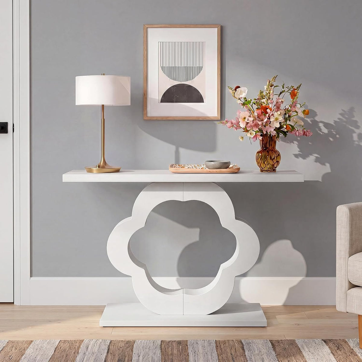 100cm Console Table, Narrow White High Gloss Flower Frame for Hallway Living Room