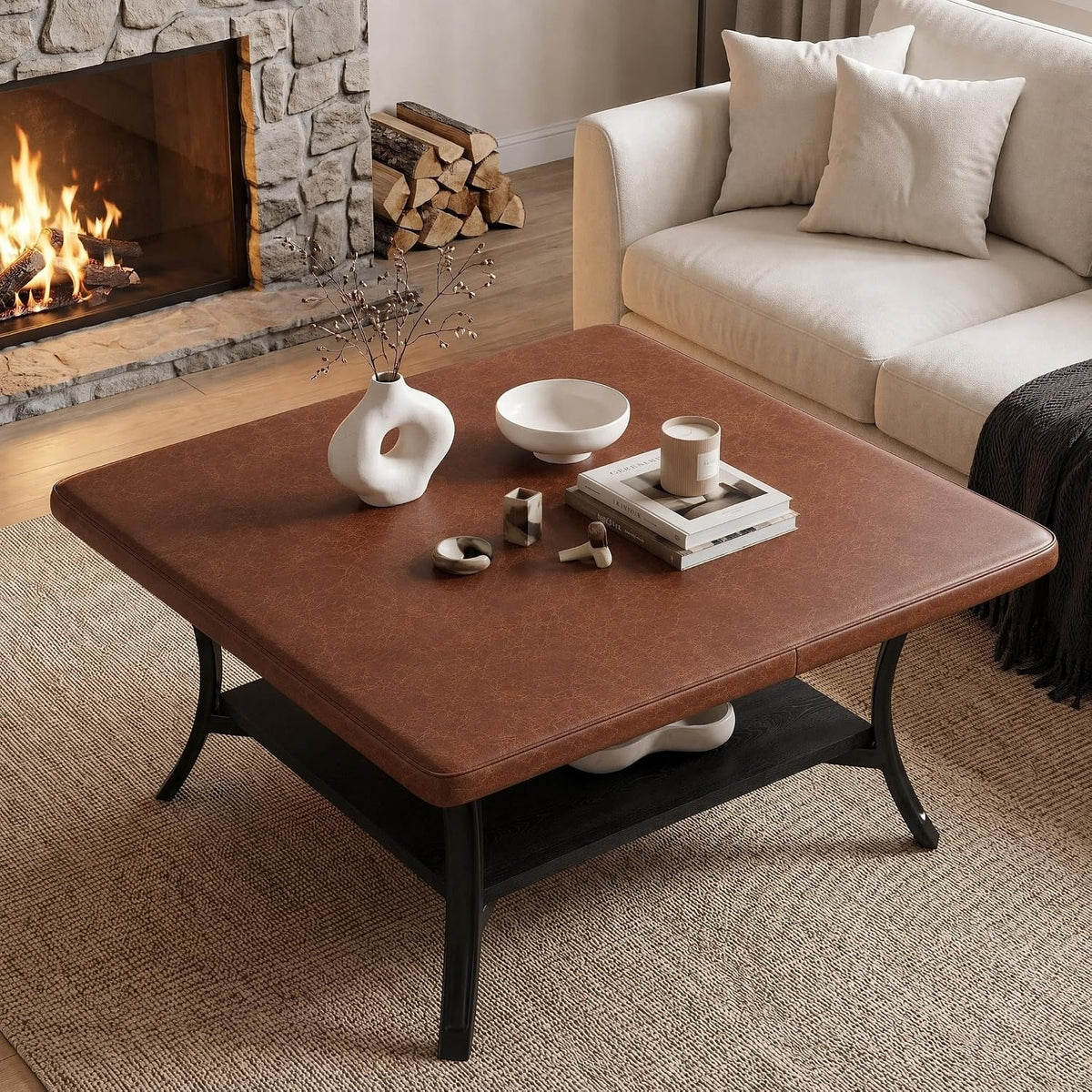 80cm Square Coffee Table, PU Leather Storage Ottoman with Shelf