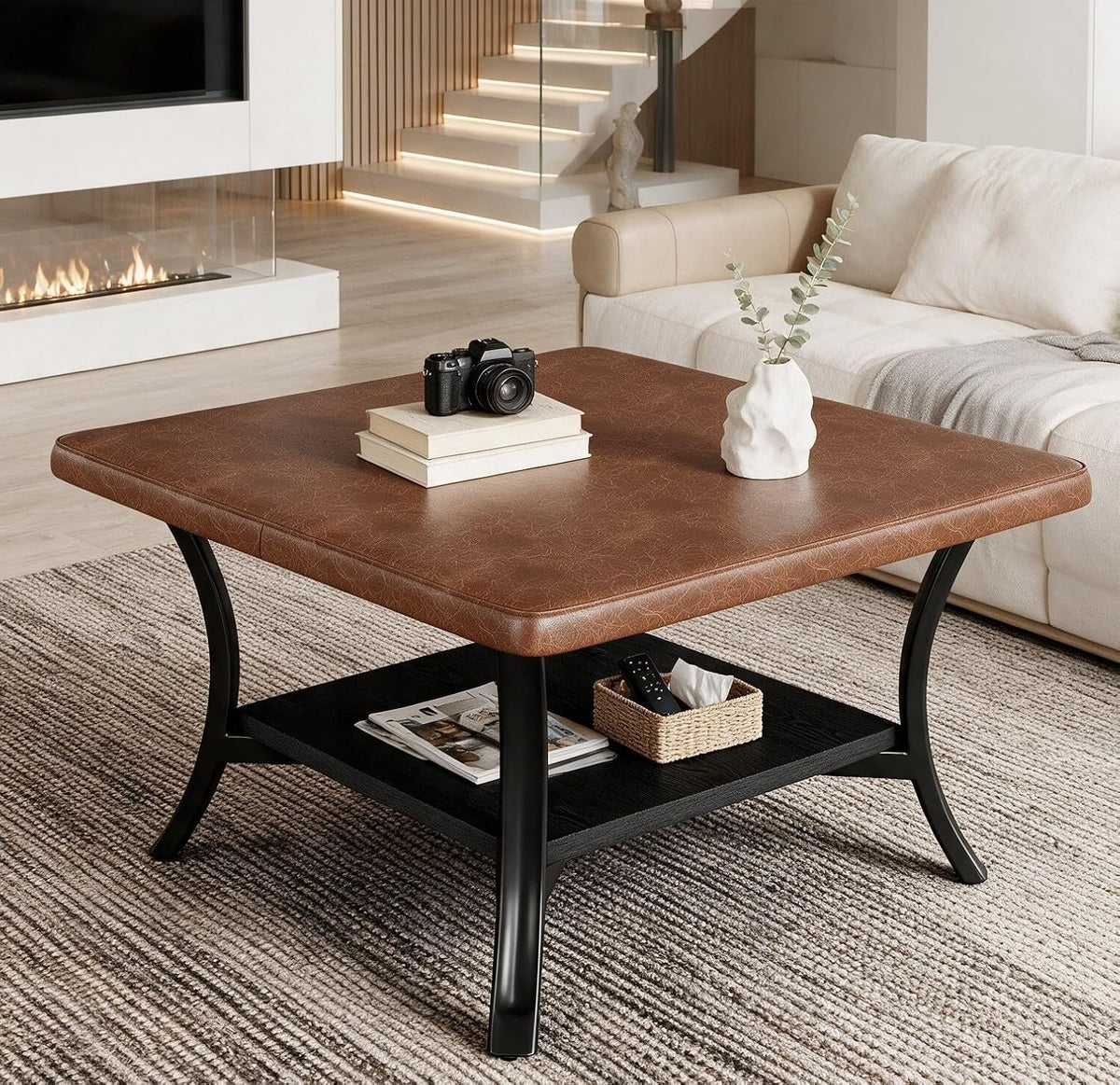 80cm Square Coffee Table, PU Leather Storage Ottoman with Shelf