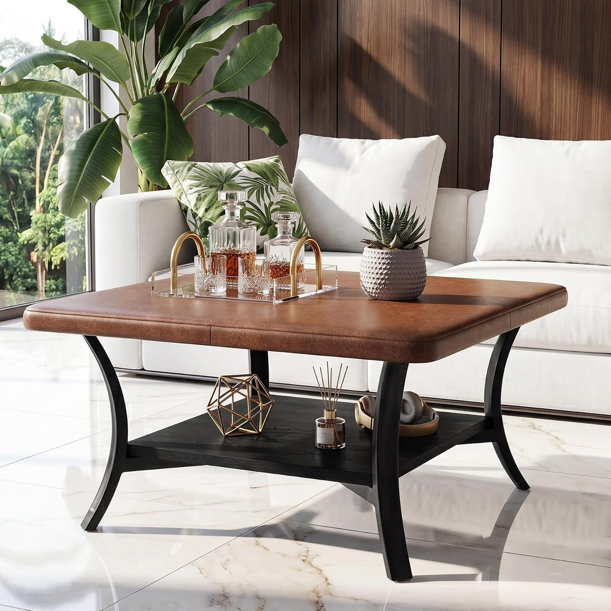80cm Square Coffee Table, PU Leather Storage Ottoman with Shelf