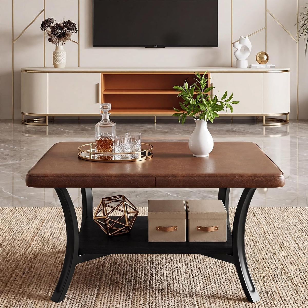80cm Square Coffee Table, PU Leather Storage Ottoman with Shelf