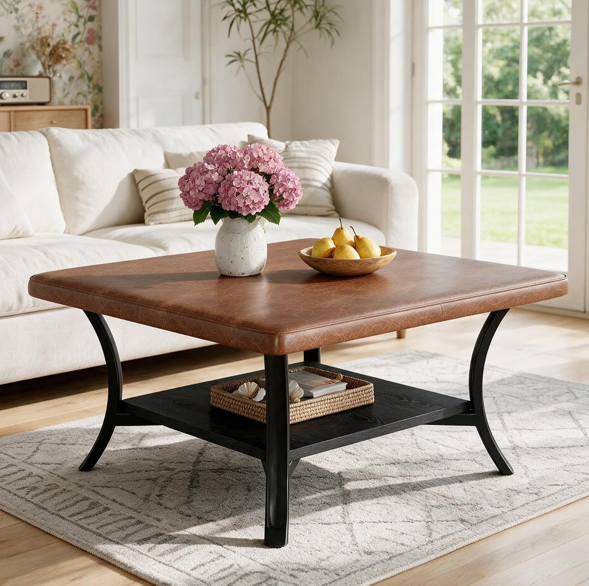 80cm Square Coffee Table, PU Leather Storage Ottoman with Shelf