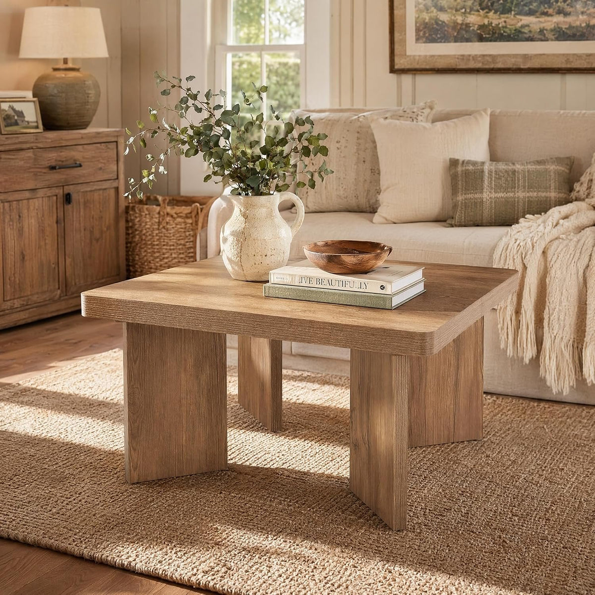 80cm Square Coffee Table, Rustic Small Living Room Table with Sturdy Top