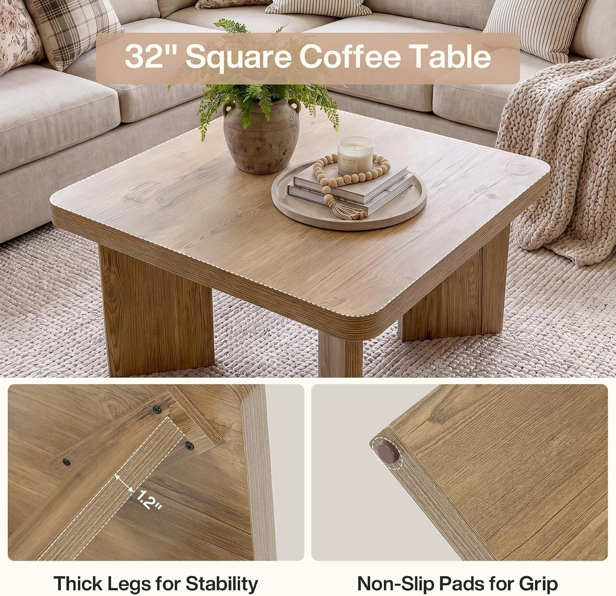 80cm Square Coffee Table, Rustic Small Living Room Table with Sturdy Top