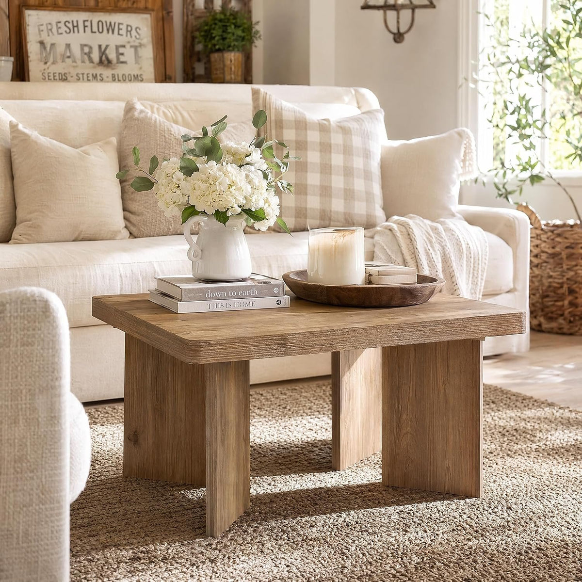 80cm Square Coffee Table, Rustic Small Living Room Table with Sturdy Top