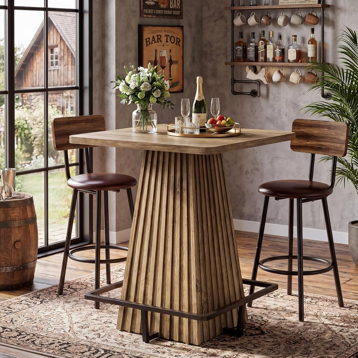 95cm Square Bar Table, Farmhouse Pub Table with Metal Footrest for Home Bar