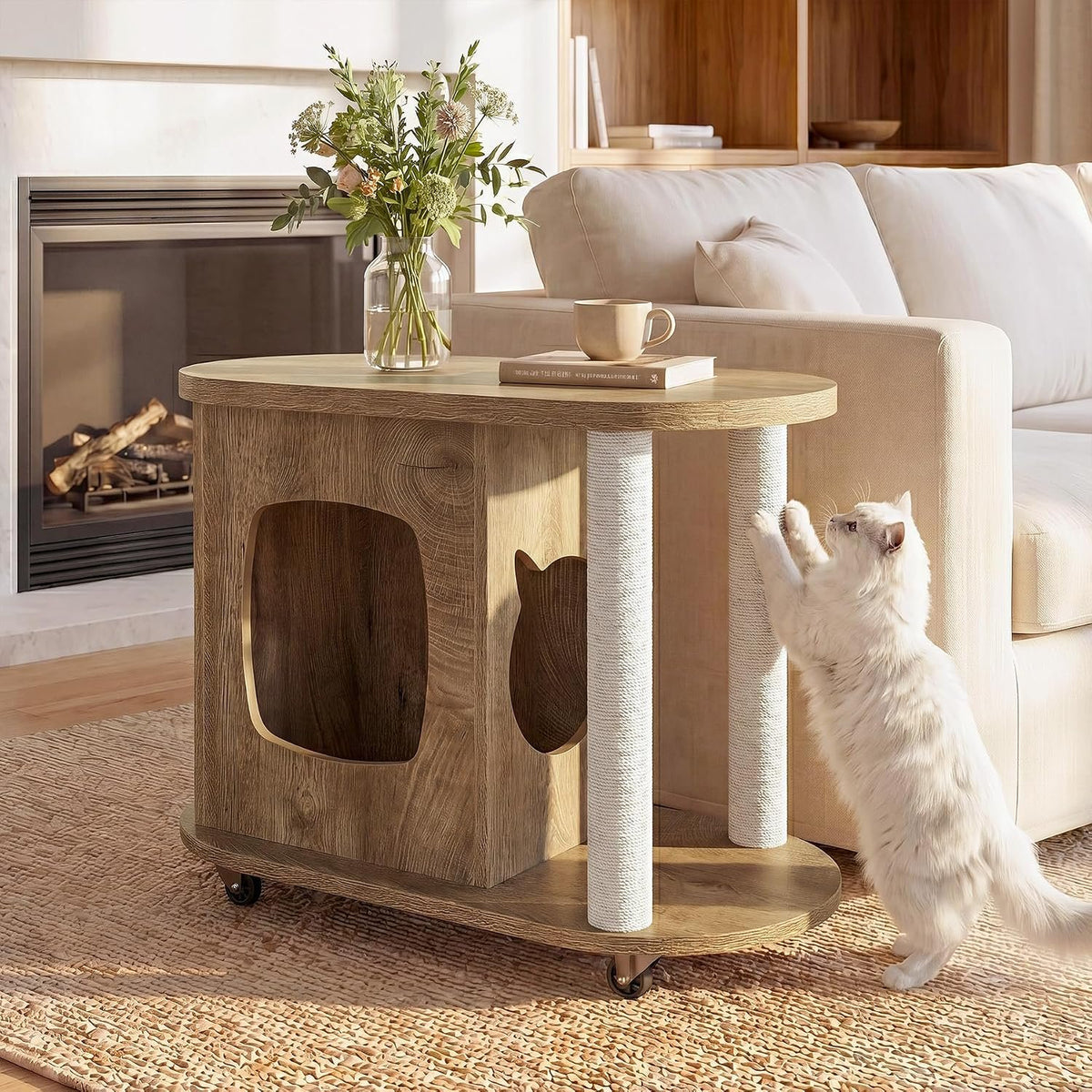 60cm Cat House Side Table, Oval Coffee Table with Scratching Posts & Wheels