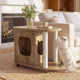 60cm Cat House Side Table, Oval Coffee Table with Scratching Posts & Wheels 3
