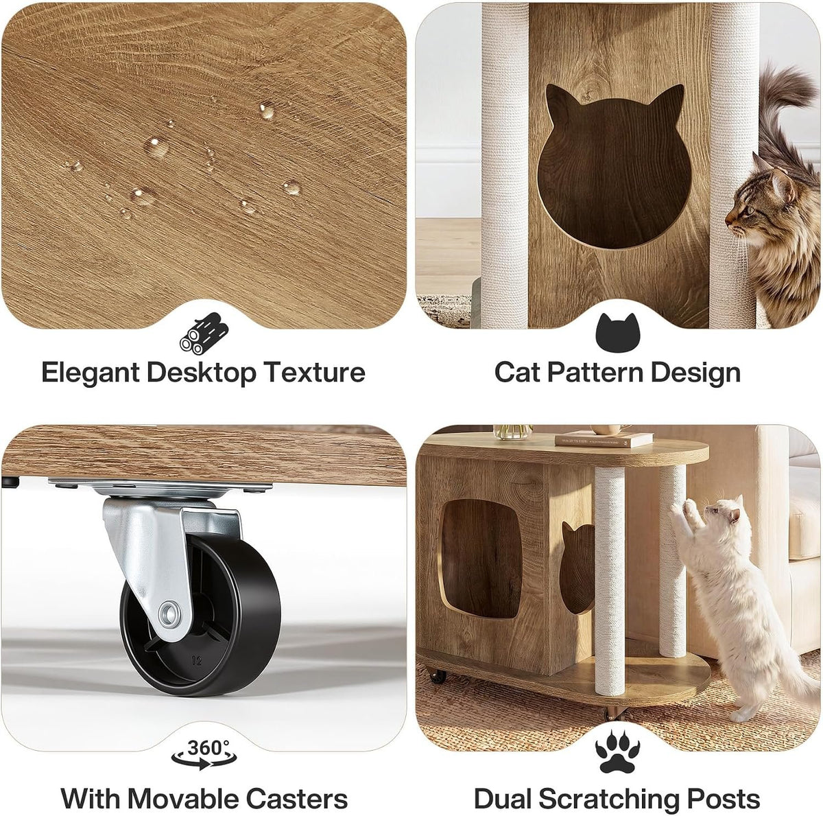 60cm Cat House Side Table, Oval Coffee Table with Scratching Posts & Wheels