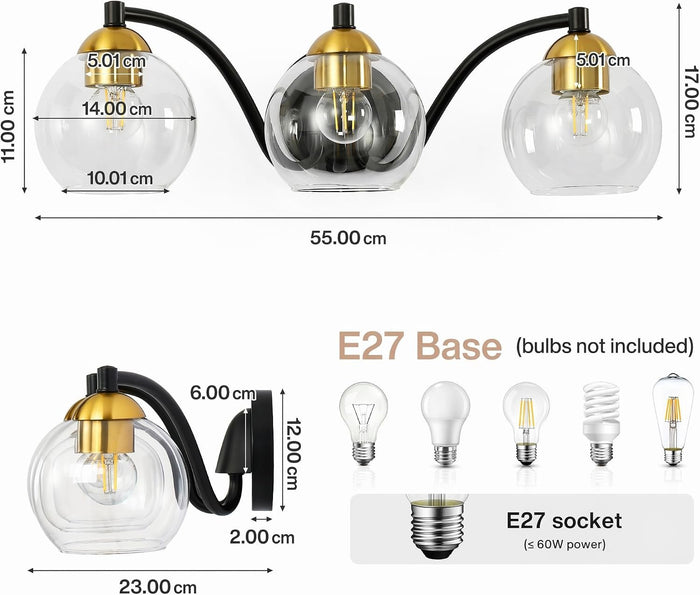 Tribesigns Modern bathroom wall light, 3 glass globes with metal frame, dimmable, E27 fitting