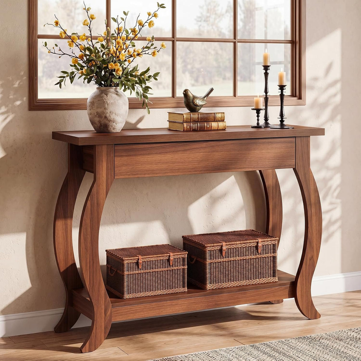 105cm Console Table, Farmhouse Sofa Table with Drawer & Shelf for Entryway Living Room
