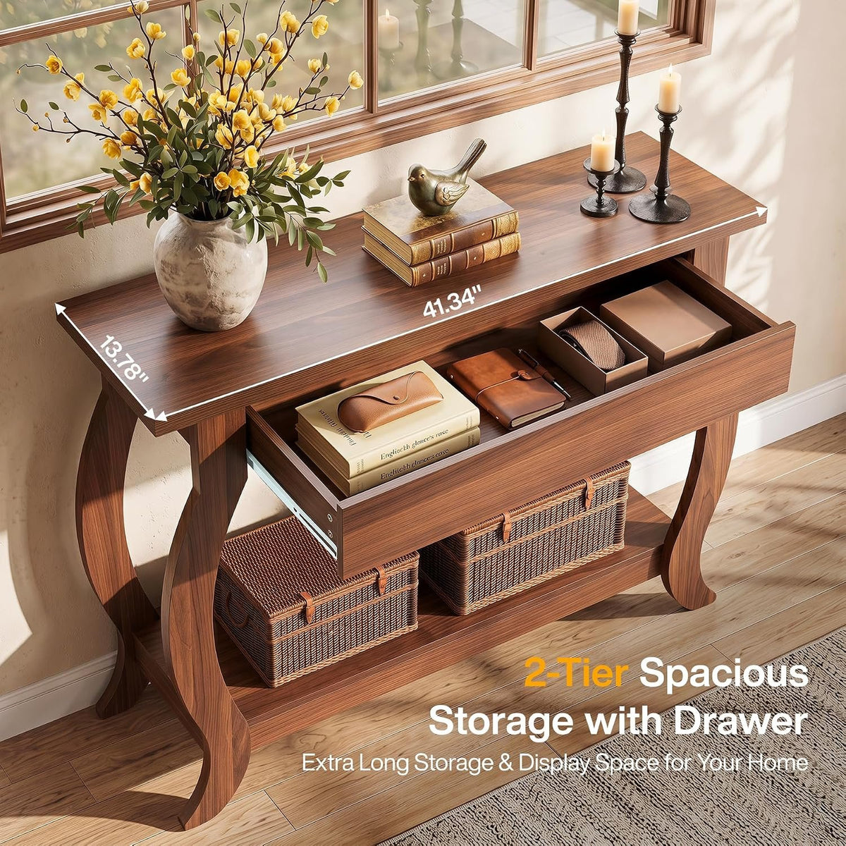 105cm Console Table, Farmhouse Sofa Table with Drawer & Shelf for Entryway Living Room