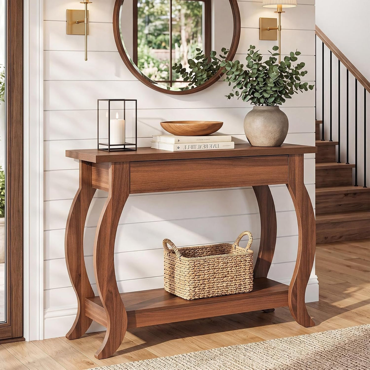 105cm Console Table, Farmhouse Sofa Table with Drawer & Shelf for Entryway Living Room