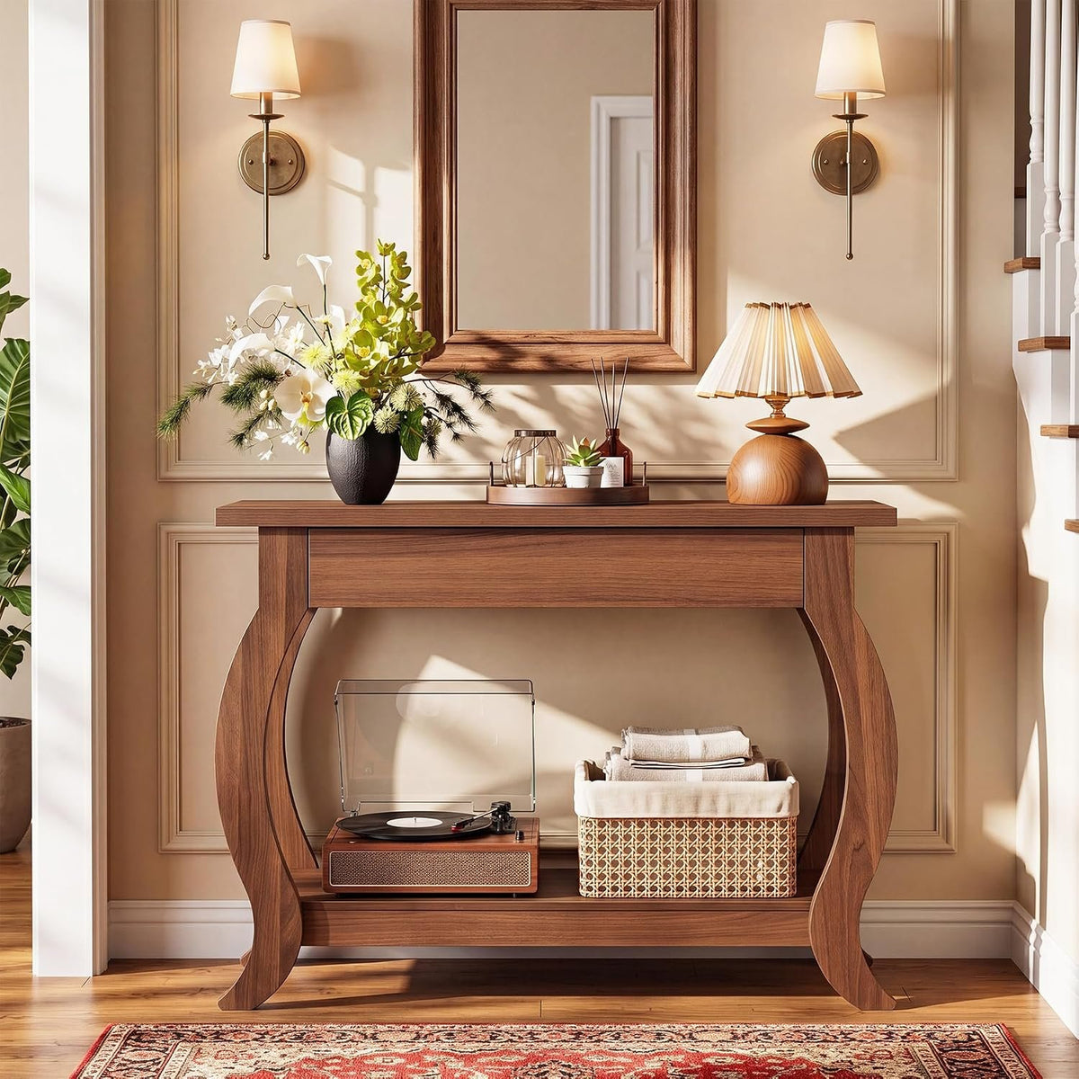 105cm Console Table, Farmhouse Sofa Table with Drawer & Shelf for Entryway Living Room