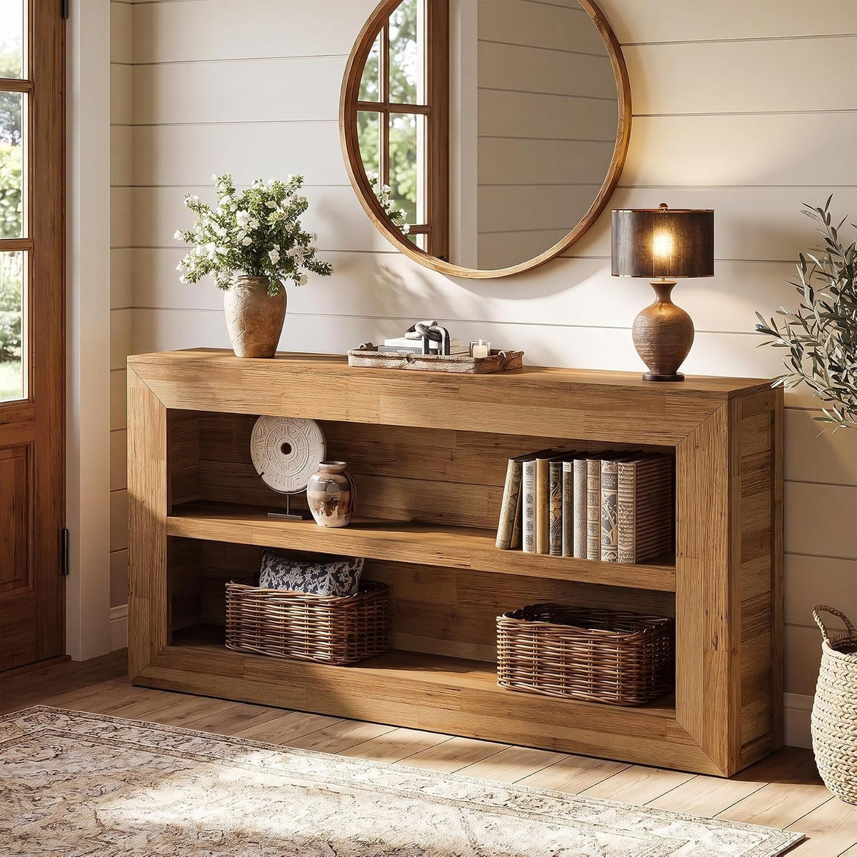 160cm Narrow Console Table, 2-Tier Rustic Hallway Table for Living Room Entryway