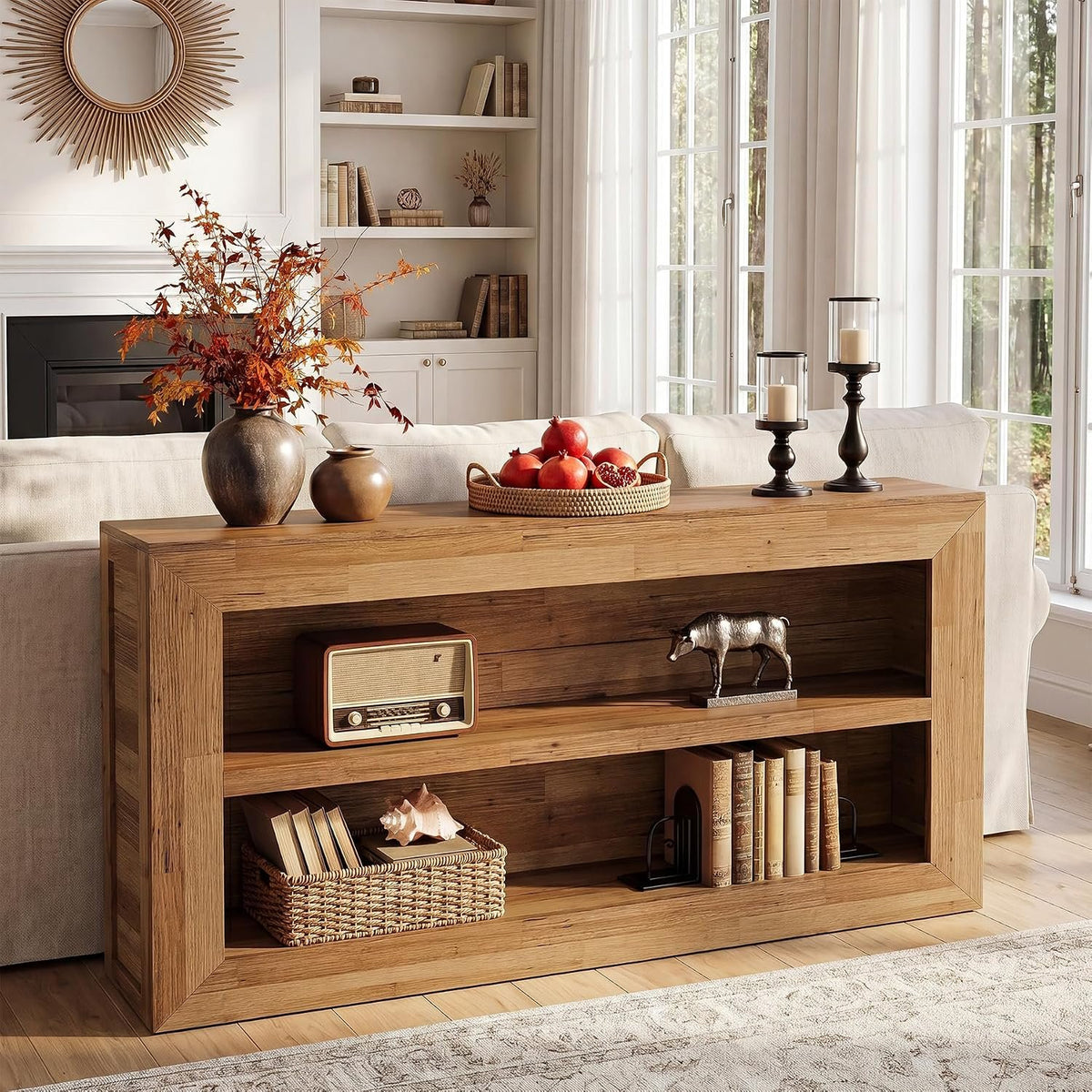 160cm Narrow Console Table, 2-Tier Rustic Hallway Table for Living Room Entryway