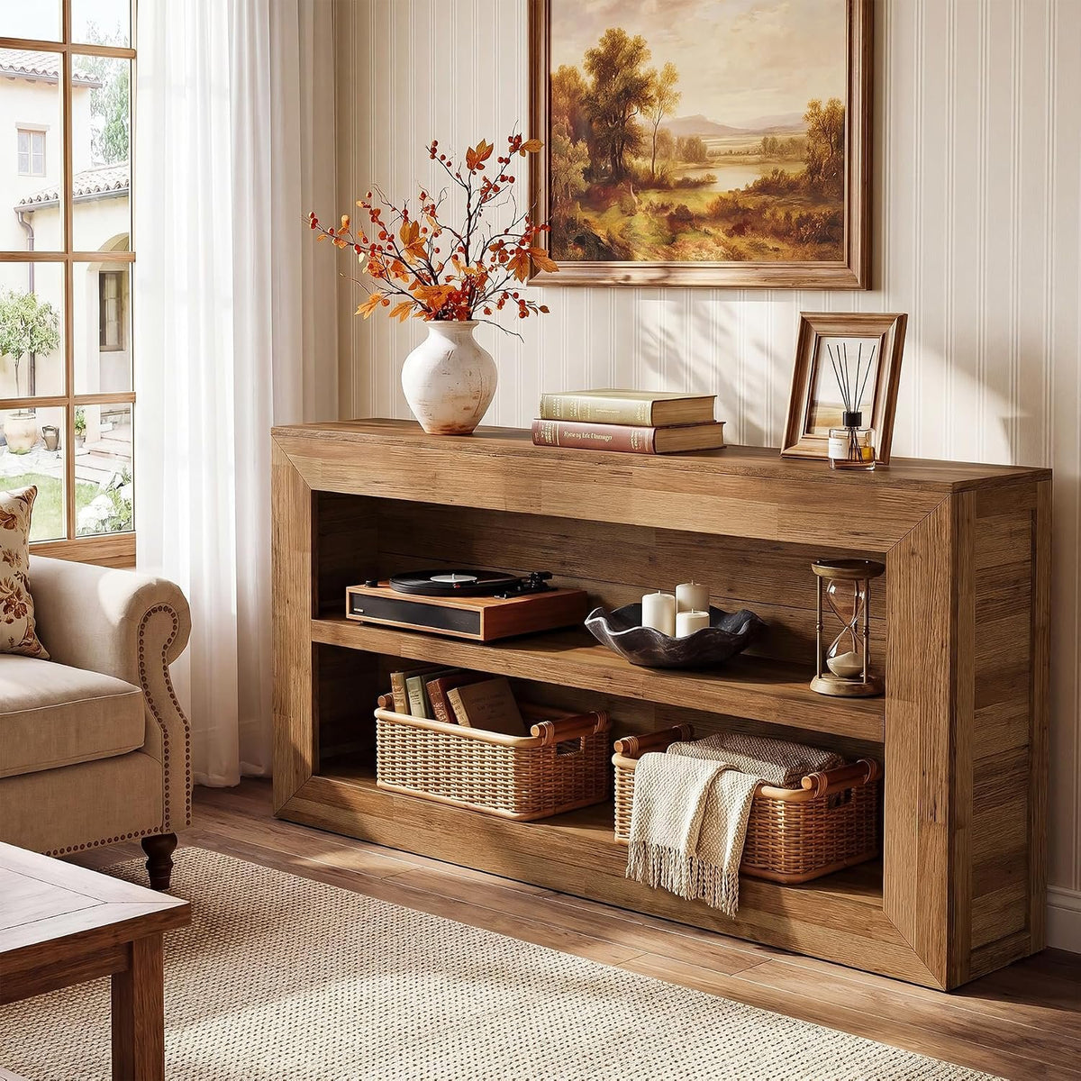 160cm Narrow Console Table, 2-Tier Rustic Hallway Table for Living Room Entryway
