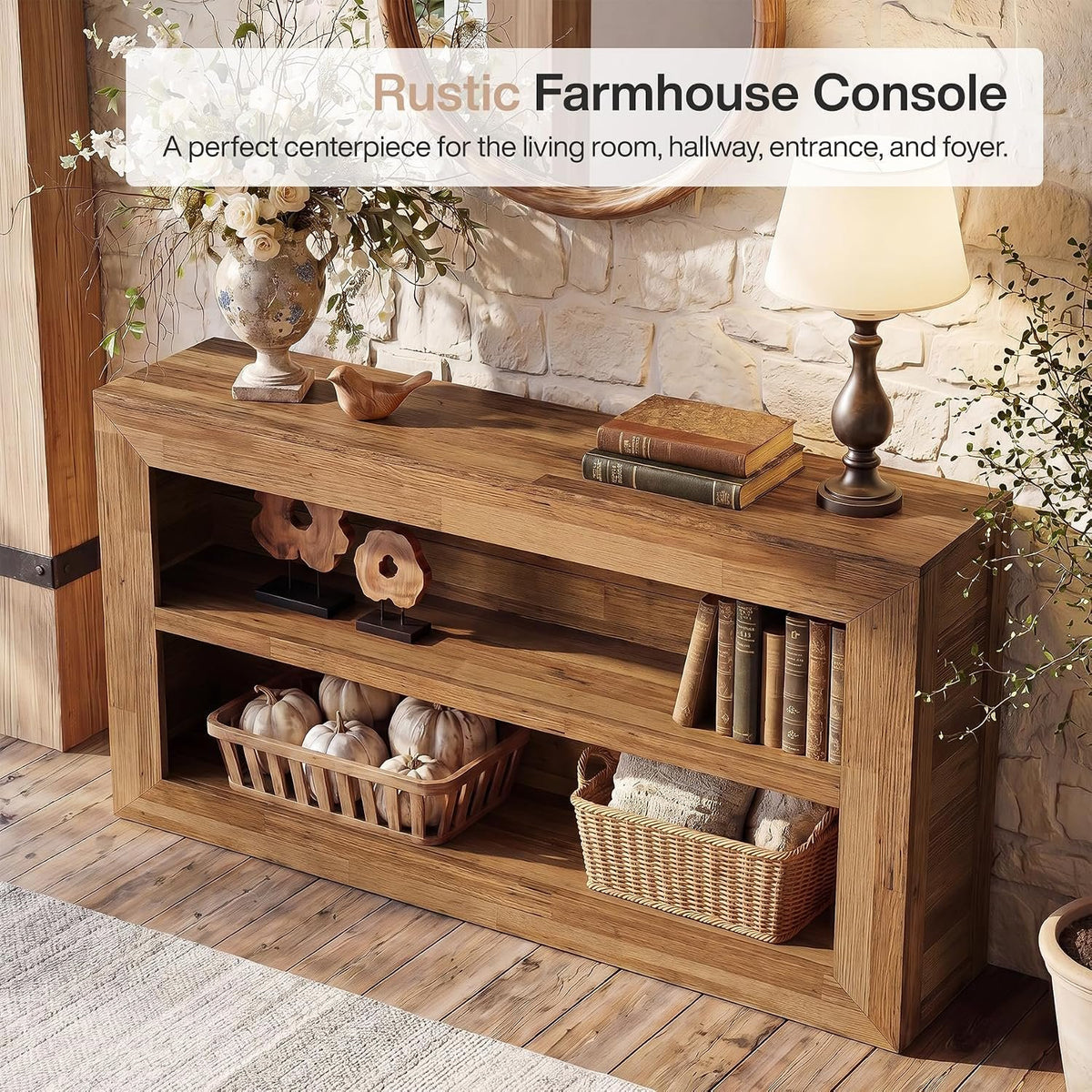 160cm Narrow Console Table, 2-Tier Rustic Hallway Table for Living Room Entryway