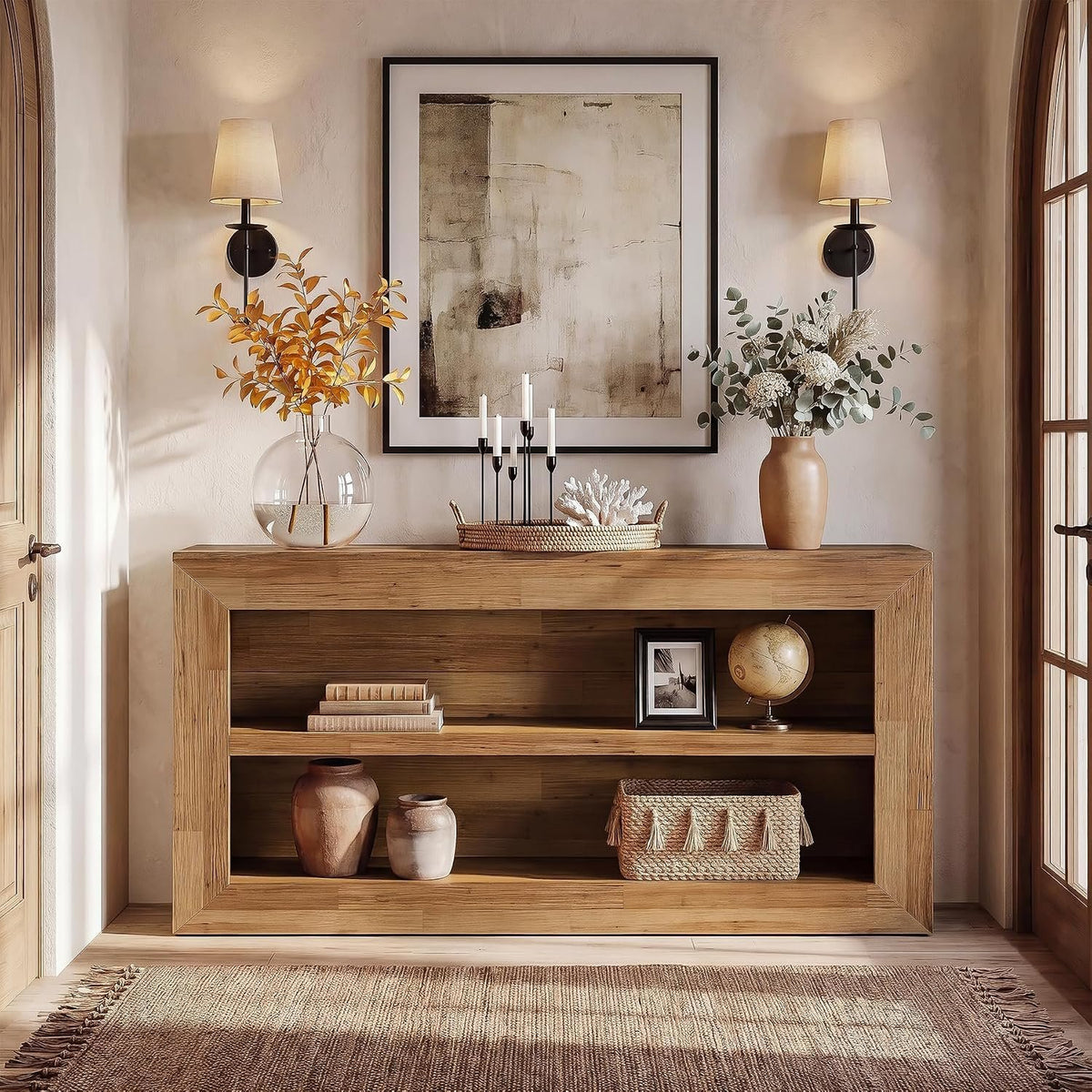 160cm Narrow Console Table, 2-Tier Rustic Hallway Table for Living Room Entryway