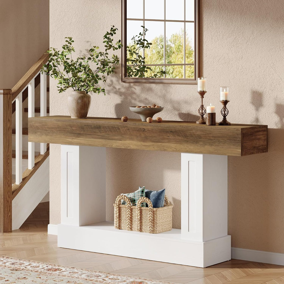160cm Console Table, Narrow Rustic Open Storage for Hallway Living Room
