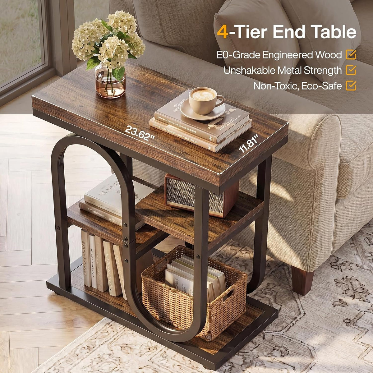 50cm Narrow Side Table, 4-Tier Industrial Nightstand with Metal Frame